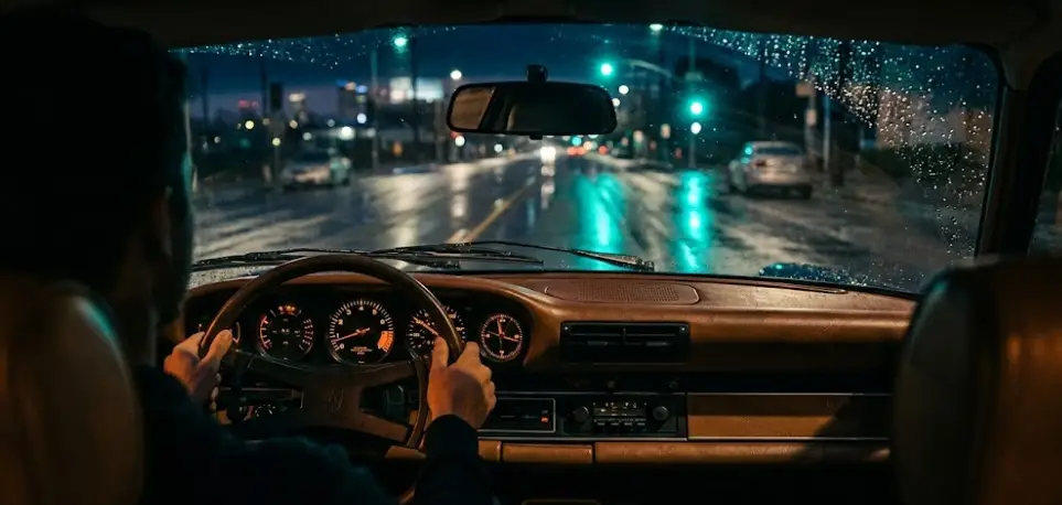 View from driver's seat at night with dashboard lights and wet street reflections.