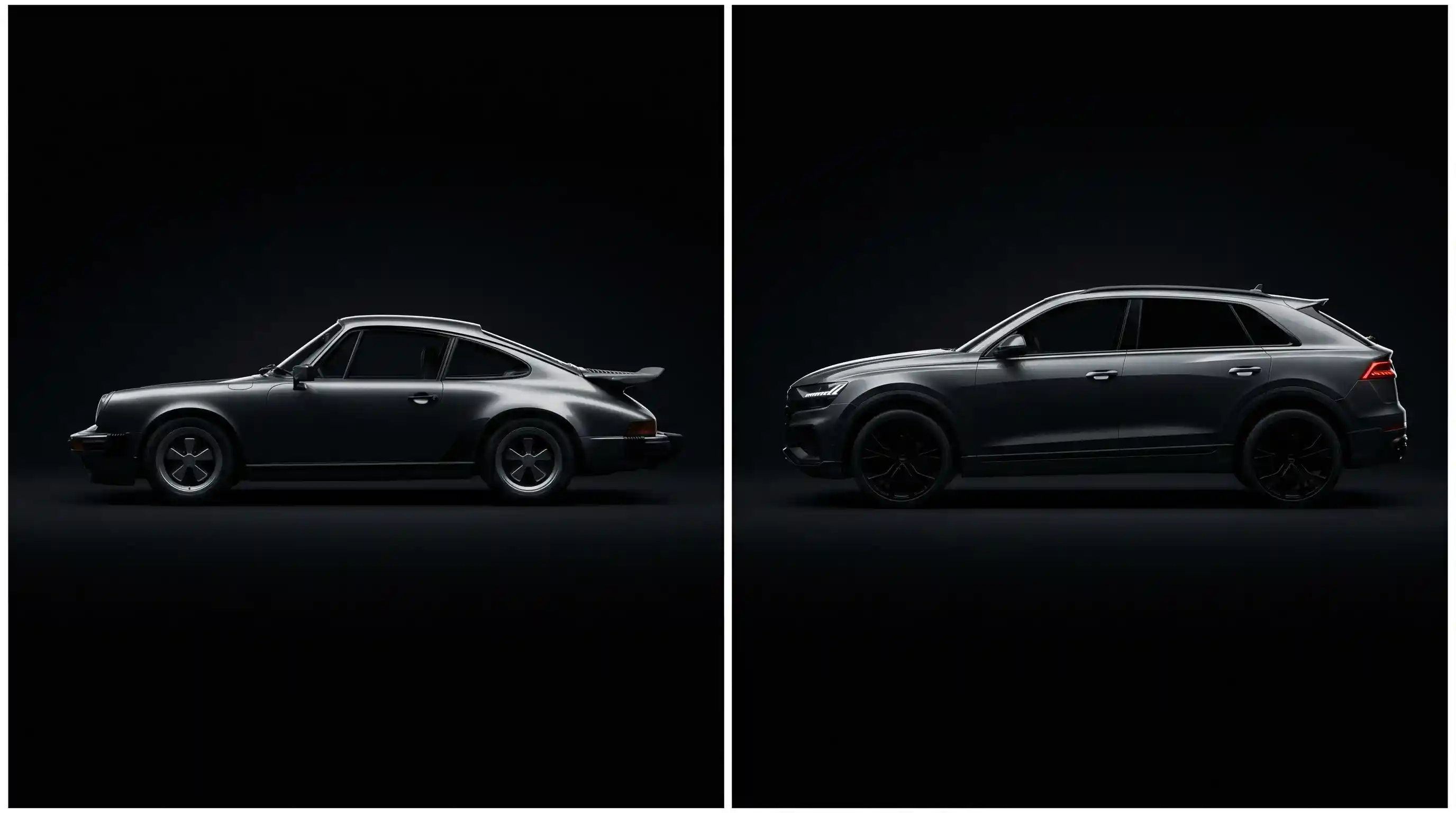 Side-by-side comparison of restrained Porsche design and exaggerated modern SUV styling.