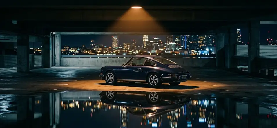 parked sedan and light trails.