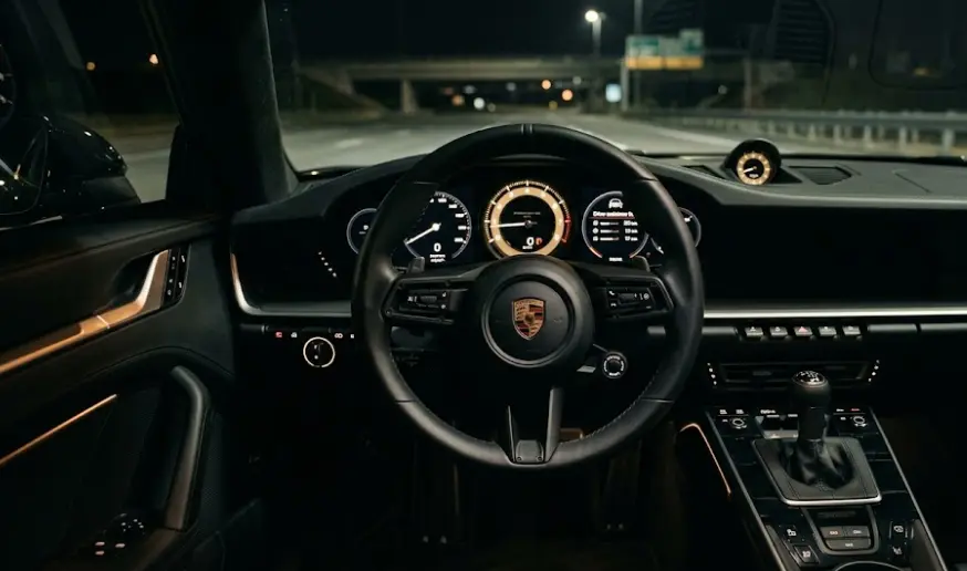 Porsche 911 interior at night showing centered analog-style tachometer and clean dashboard design.