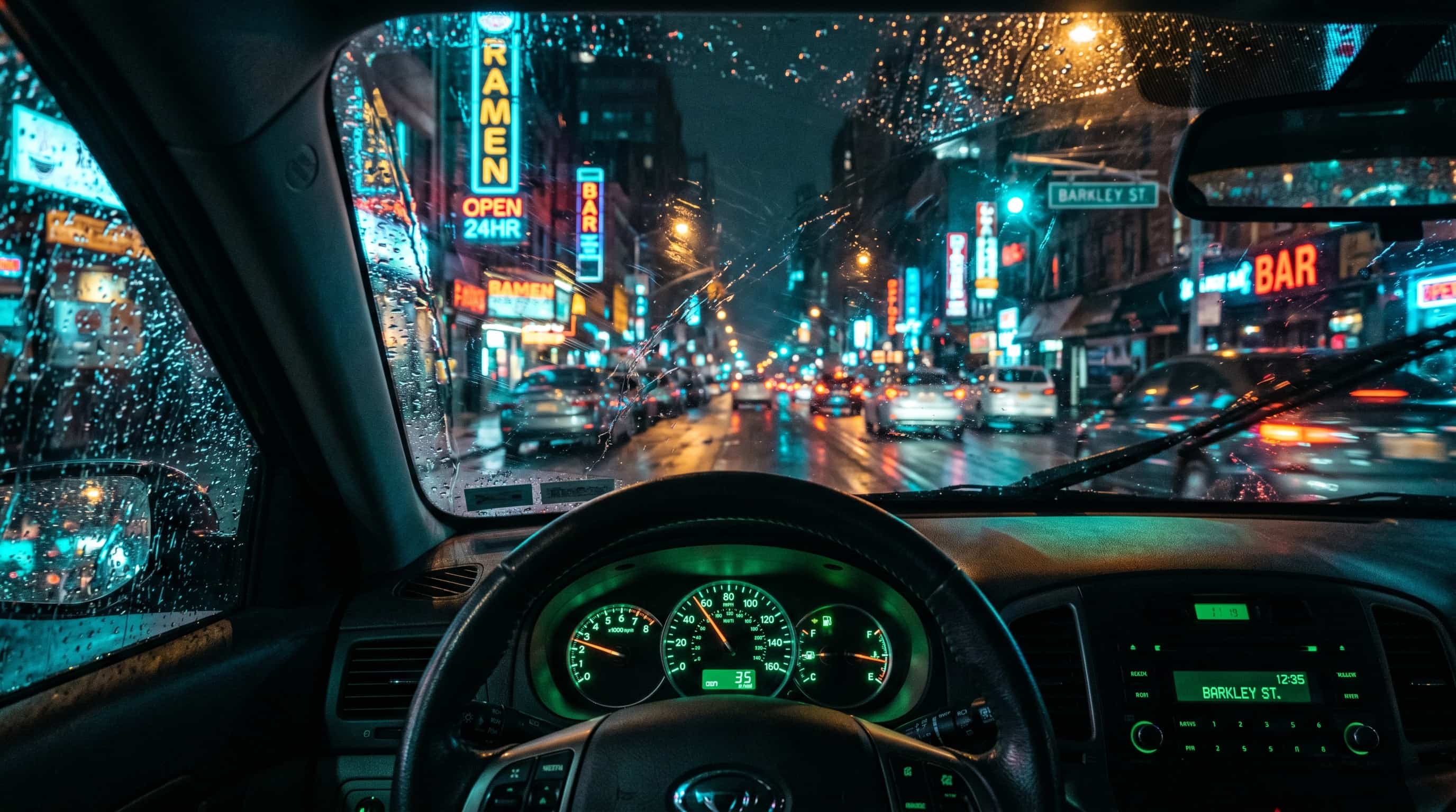 Michael Mann car interior as psychological space Car interior at night with dashboard lights and city view through wet windshield.
