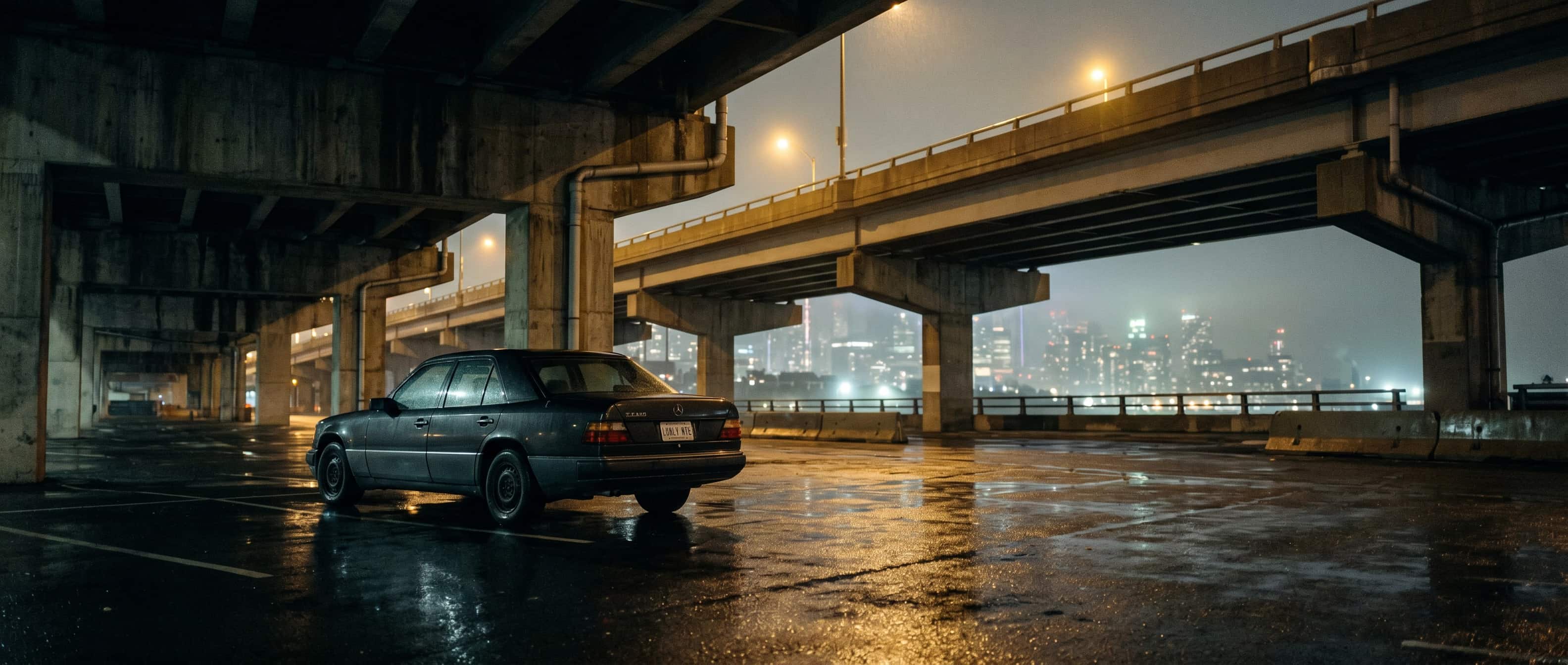 Michael Mann cinematic car presence urban solitude Dark sedan parked under urban overpass at night reflecting city lights.