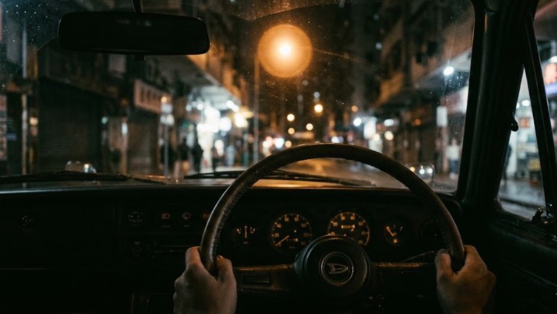 Driver's view streetlight through windshield with dashboard glow and emblem View through car windshield at night toward a streetlight, hands resting on steering wheel with emblem.